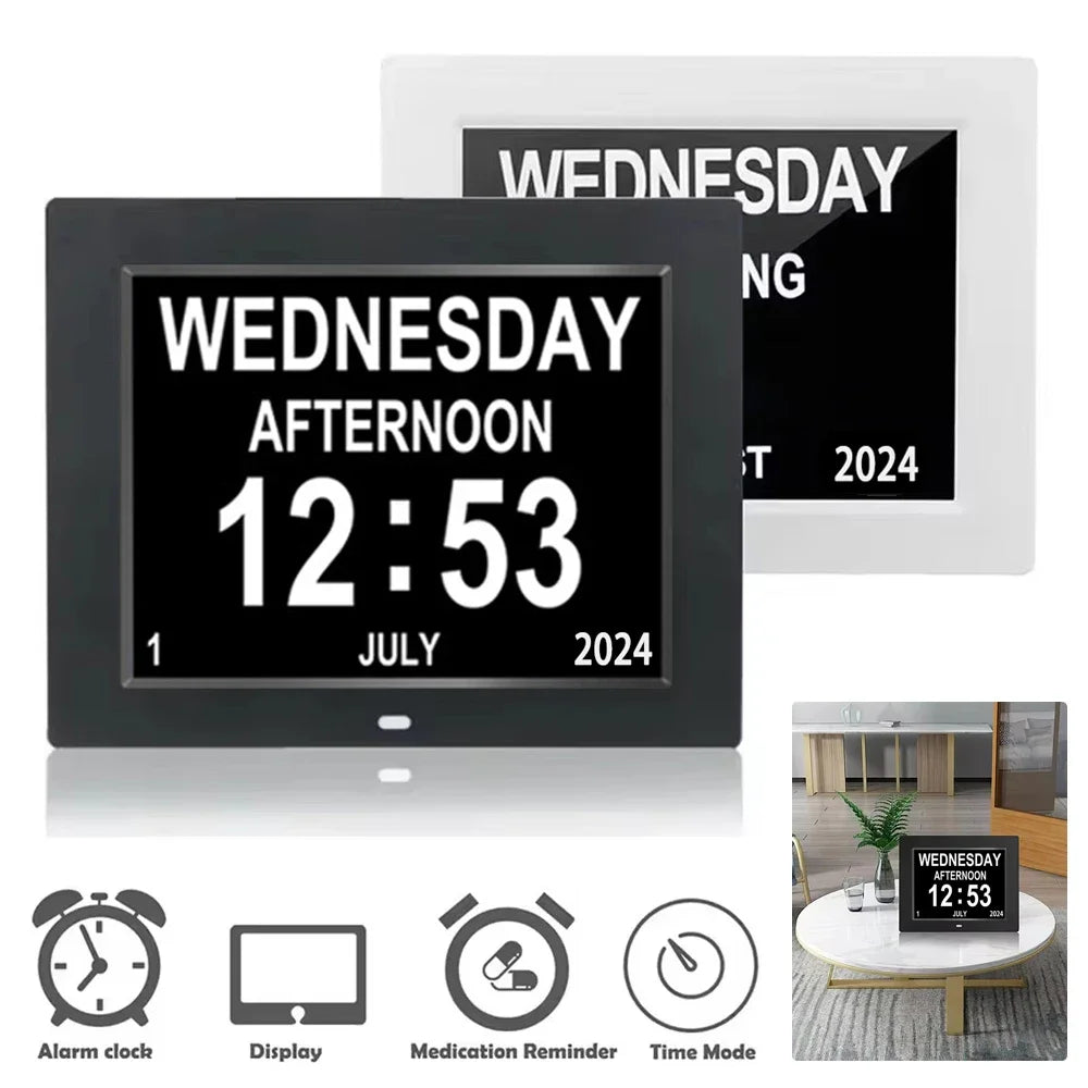 Large Digital Alarms Calendar Clock: Large Display with Customizable Alarms. Useful Medicine Time Reminder for Elderly, Multi-Language