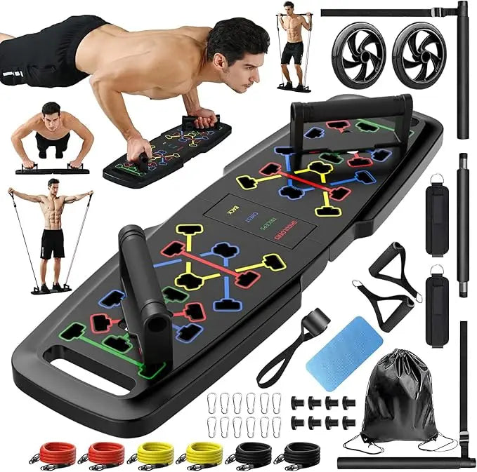 Portable Push Up Board: Complete Home Gym with 20 Fitness Accessories including Pilates Bar, Resistance Bands and Ab Roller Wheel