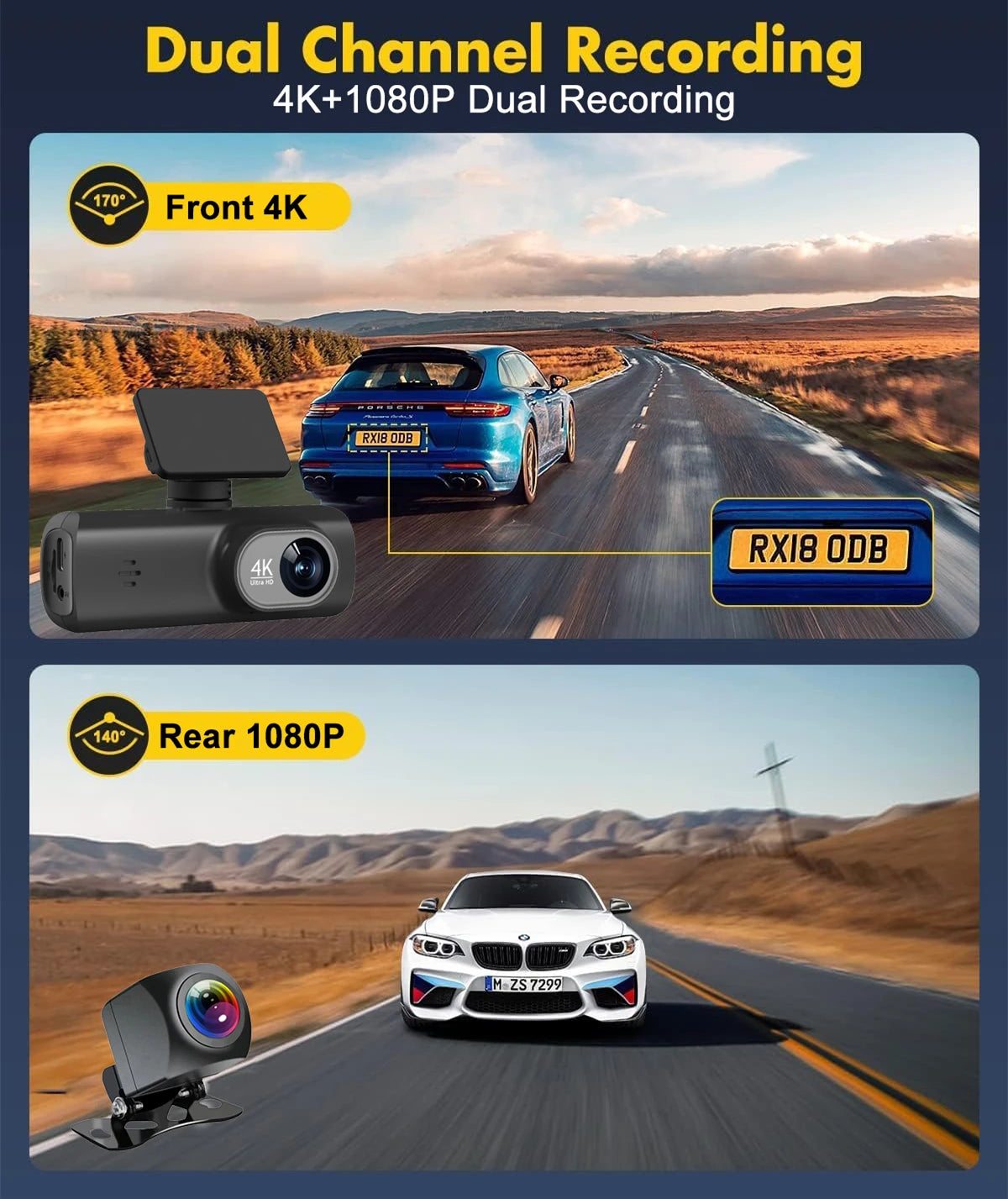 4K+1080P Front and Rear Dash Cam with GPS & WiFi - 24H Parking Monitor