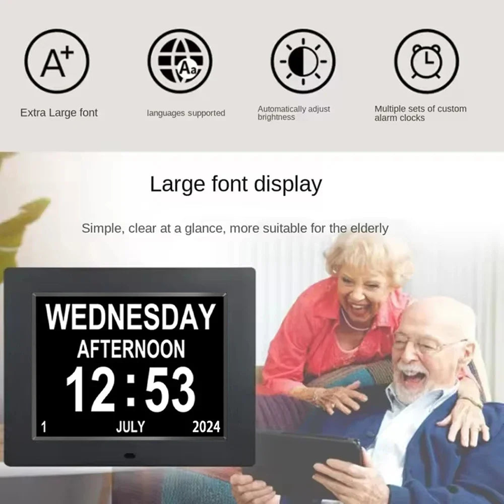 Large Digital Alarms Calendar Clock: Large Display with Customizable Alarms. Useful Medicine Time Reminder for Elderly, Multi-Language 