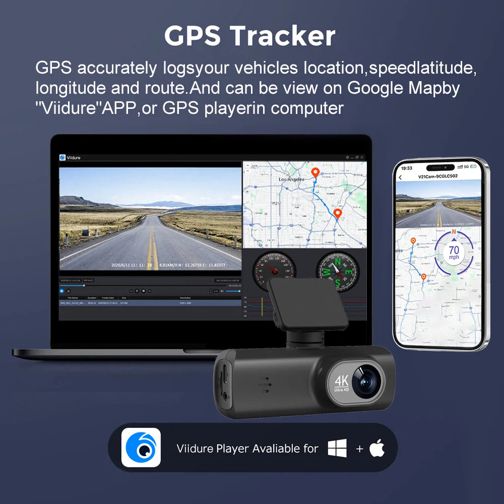 4K+1080P Front and Rear Dash Cam with GPS & WiFi - 24H Parking Monitor